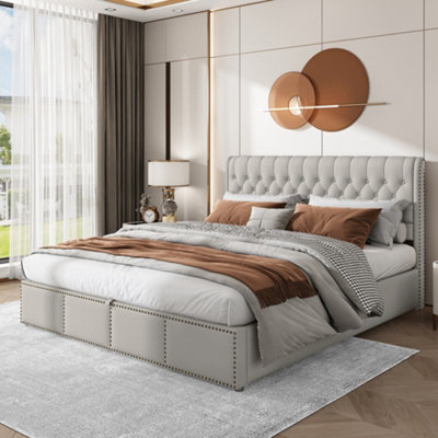 BTM Upholstered Bed King Size 5Ft 150X200 Cm Hydraulic Lever Storage Bed Rivet Decoration Without Mattress Linen Light Grey from B&Q