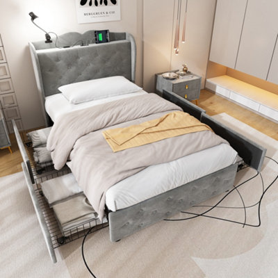 BTM Upholstered BedStorage Bed3Ft Single Bed (90X190Cm)With 4 Drawers And Lamp3 Usb Ports + 1 Type CVelvetGrey from B&Q
