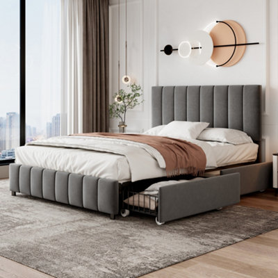 BTM 4Ft6 Double Upholstered Bed With 4 Storage DrawersVelvet FrameAdjustable HeadboardGrey (No Mattress) from B&Q