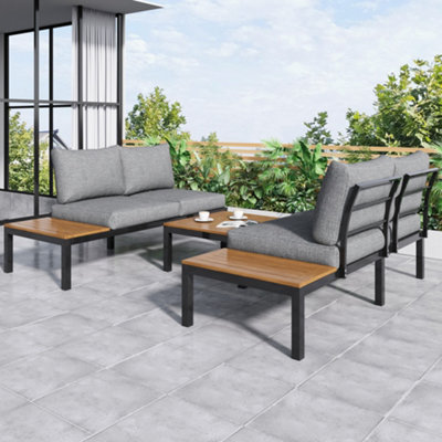 Btm 4 Seater Grey Garden Lounge SetL-Shaped Space-Saving Sofa With Wooden TablePatio & Backyard Furniture from B&Q