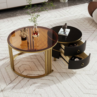 Btm 2-In-1 Mdf Round Coffee Table Set With High-Gloss Top & Brown Tempered Glass Side Table2 DrawersFor Living Room