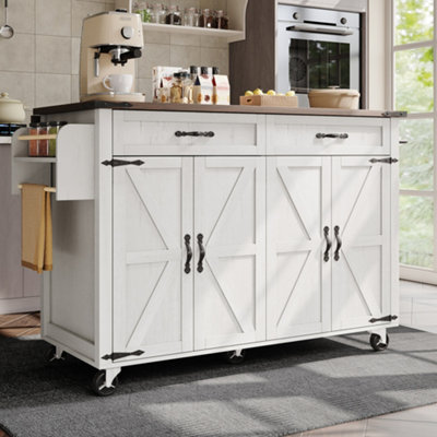 Btm Farmhouse Style Rolling Kitchen Island Trolley With Large Cabinet2 DrawersAdjustable ShelfSpice  Towel RackWhite from B&Q