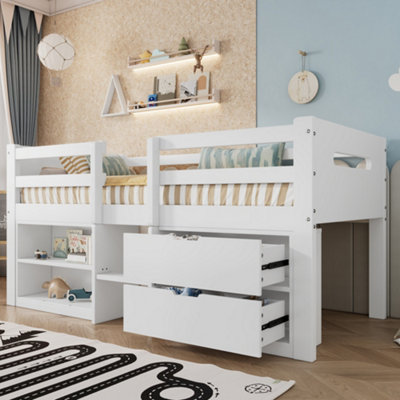 B&Q -  Children's Storage Bed 90X190Cm White Wooden 3Ft With Guardrail 2 Drawers On Slides And Compartments For Extra Space