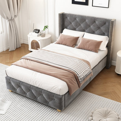 Btm Grey Upholstered Single Bed, Velvet, Button & Rivet Headboard, Wooden Legs, With Slatted Frame, 3Ft