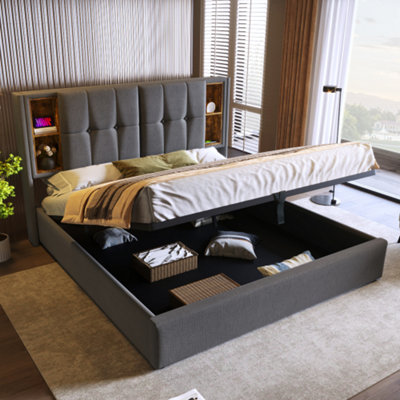 BTM Upholstered 150X200 Cm King Size BedWireless Charging (Usb Typec)Hydraulic StorageLinenGreyNo Mattress from B&Q