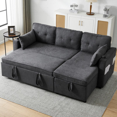 Btm Convertible Sofa Bed Storage Chaise L Shaped Sleeper Sofa Cup Holders Pillows Grey Daybed from B&Q
