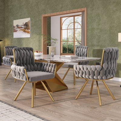 Btm Set Of Four Grey Velvet Dining Armchairs Swivel Chairs With Metal Legs For Living Room And Bedroom from B&Q