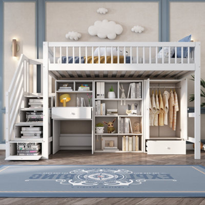 Btm 3Ft Single Kids Bed 90X190Cm With Desk Stairs Wardrobe Lockers Multifunctional Study Bed White No Mattress