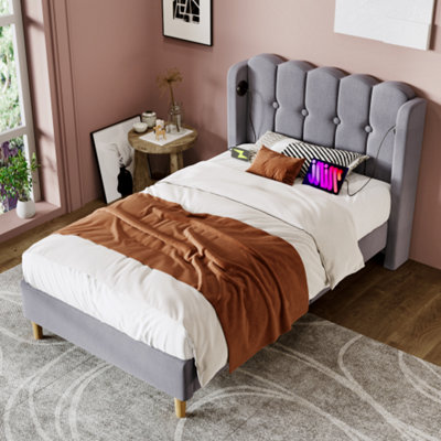 Btm Single Upholstered Bed Usb Type C Charging Linen Frame 3Ft 90X190Cm Teen Bed Grey No Mattress from B&Q