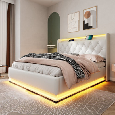 Btm 135X190Cm Double Ottoman Bed 4Ft6 Pu White With Hydraulic Storage 360 Led Lighting Charging Function No Mattress from B&Q