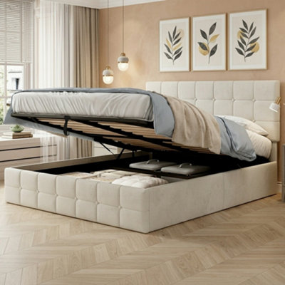 Btm 4Ft6 Velvet Storage BedHydraulic Ottoman Bed Frame With Button-Tufted HeadboardMetal-Wood SupportBeige from B&Q
