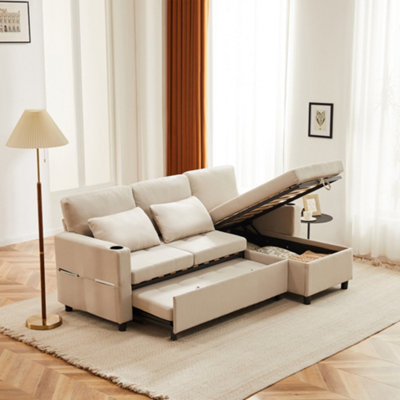 Btm L Shaped Sofa Bed3 Seater Pull Out Corner Sofa With StorageConvertible Sectional CouchBeige from B&Q