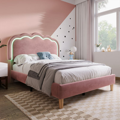 Btm Single Upholstered Bed 3Ft 90X190Cm Led Headboard Velvet Frame Wood Slat Pink Teen Bed No Mattress from B&Q