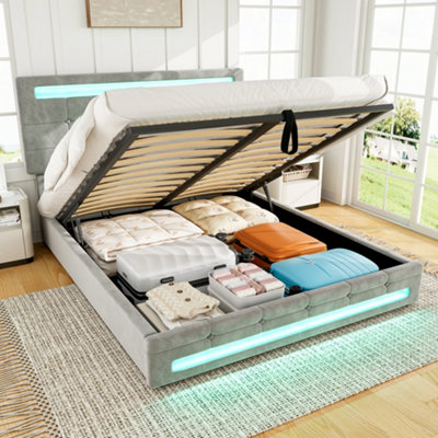 Btm Upholstered Hydraulic Bed 4Ft6 Double 135X190Cm Grey Velvet Iron Led Lighting Storage Bed Adults Teenagers from B&Q