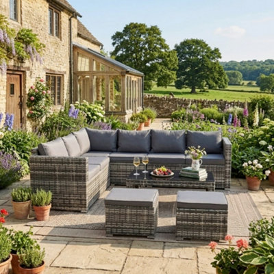 Btm Rattan Garden Furnirure  Corner Sofa Set With Coffee Table And 2 Stools Outdoor Furniture from B&Q