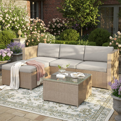 Btm Garden Furniture Rattan Corner Sofa Set Outdoor Patio Lounge Set Entertaining Khaki from B&Q