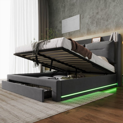 Btm Upholstered Bed 135X190 4Ft6 Double Storage Bed Hydraulic 2-In-1 Storage Drawers Led Light Strips Slatted Frame Velvet from B&Q