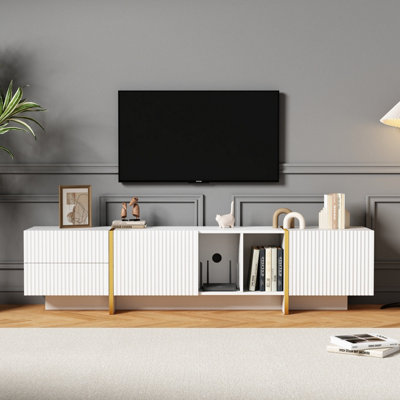 B&Q -  Tv Stand For 85 Tv With Storage Cabinet And Open Shelves Embossed Pattern White Entertainment Center For Living Room