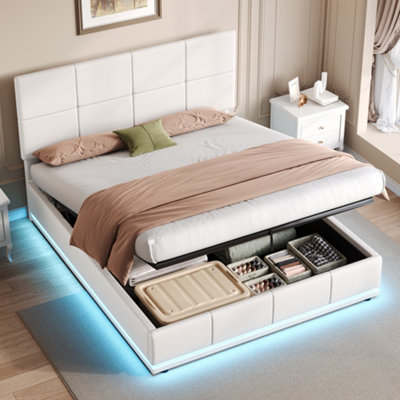 Btm Ottoman Double Bed Led Pu Leather Upholstered Frame Hydraulic Storage Square Tufted Headboard Cream from B&Q