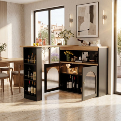 Btm Extendable Kitchen Island Table 138-193X39X105Cm Storage Bar Bistro Swivel Dining Table Led Strip Adjustable Light Black from B&Q