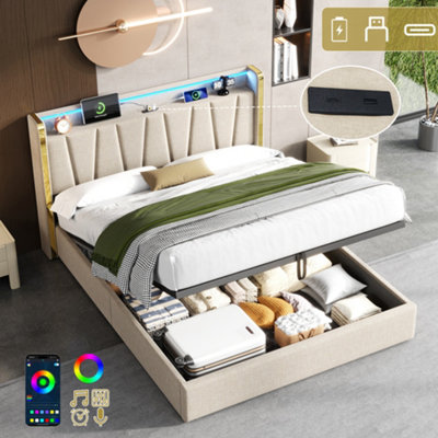 B&Q -  4Ft6 Double Beige Linen Ottoman Bed With Hydraulic Storage Led Chrome Trim Headboard Usb And Type C