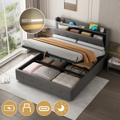 Btm 5Ft King Pu Leather Ottoman Bed Grey With Led Light Charging Ports And Hidden Headboard Storage from B&Q