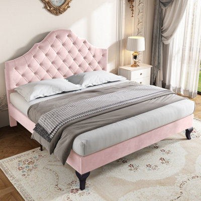 Btm Pink Upholstered Bed 4Ft6 Slatted Frame Headboard Height-Adjustable Youth Bed Velvet Size 2