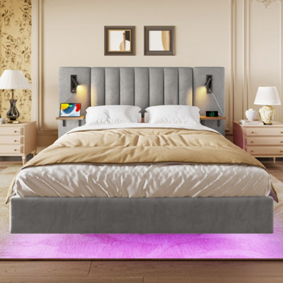 Btm Upholstered 4Ft6 Double Bed 135X190Cm Grey Velvet Led Underbed Light Bedside Lamps Charging Socket Headboard Storage Bed from B&Q