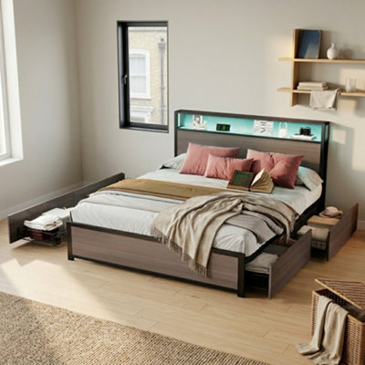 Btm Metal 4Ft6 Double Bed 135X190Cm With Led Strip Light 4 Drawers Usb Ports Type C Wrought Iron Grey from B&Q
