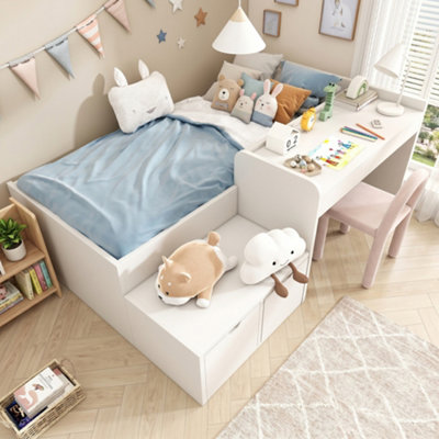 Btm White 3Ft Kids Single Bed With Desk And Drawers Wooden Storage Bed With Slatted Frame 90 X 190 Cm No Mattress from B&Q