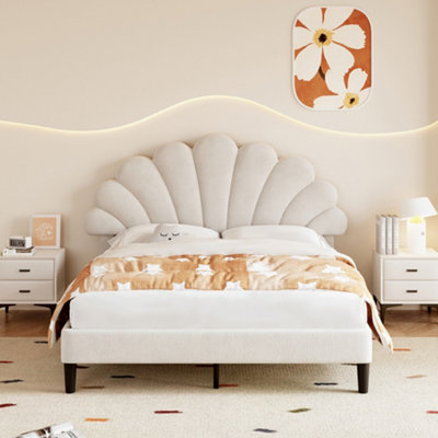 Btm 4Ft6 Double Bed Frame Velvet Upholstered With Chic Petal Headboard Solid Wood Slatted Base Beige from B&Q