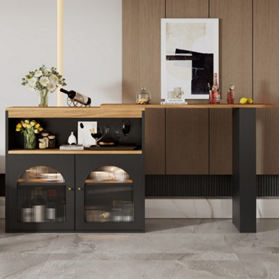 Btm Light/Black Modern Extendable Kitchen Island Table 138 193X39x105cm, Storage, Swivel, Led Strip, Adjustable B&Q