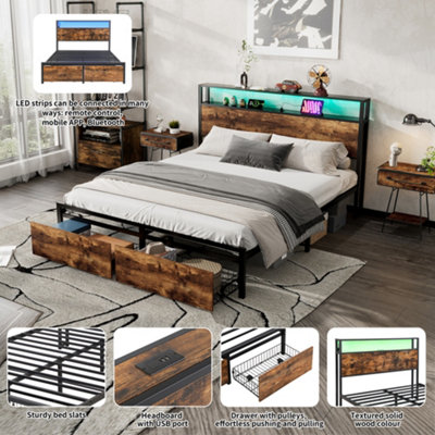 Btm Double Bed 4Ft6 135X190Cm Metal Frame With Led Lighting Drawers Usb Ports Wrought Iron Bed Black Walnut from B&Q