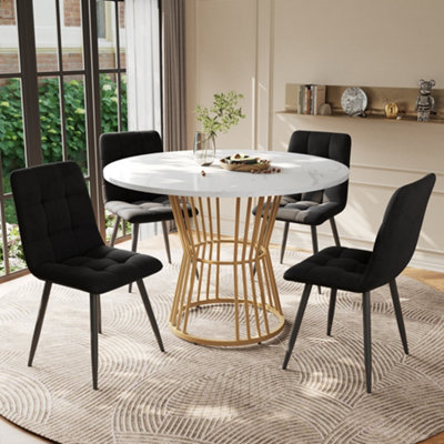 Btm 5 Piece Dining SetRound 100Cm Table With Gold Metal LegsWhite Mdf Top  4 Black Velvet Dining Chairs from B&Q