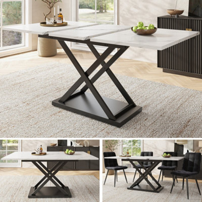 Btm Extendable Telescopic Dining Table White Marble Top Black Crossed Iron Legs 120 To 160 By 80Cm from B&Q