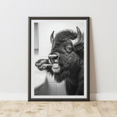 60 Second Makeover Limited Bison Brushing Teeth Animal Print A3 Size from B&Q