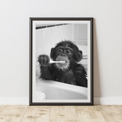 60 Second Makeover Unisex Multicolor Monkey Brushing Teeth Animal Print | Size: A3 - Image 3