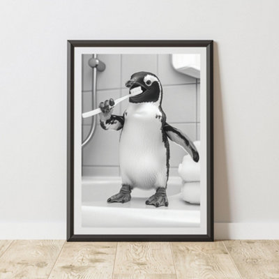 60 Second Makeover Limited Penguin Brushing Teeth Animal Print A3 Size from B&Q