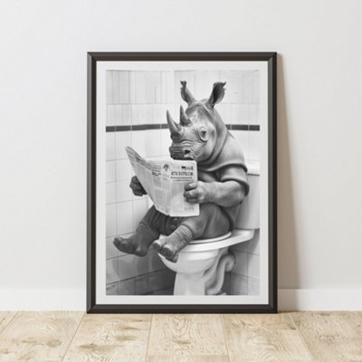60 Second Makeover Limited Rhino On The Toilet Animal Print A3 Size from B&Q