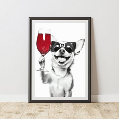 60 Second Makeover Limited Funny Chihuahua Drinking Wine Print A3 Size from B&Q