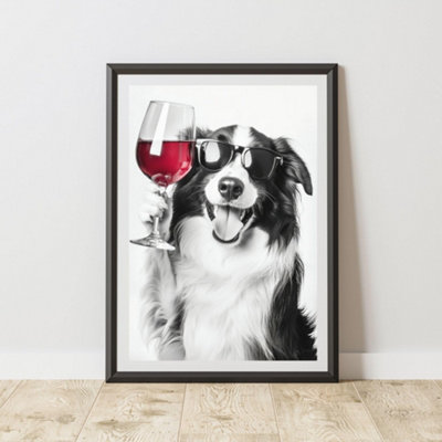 60 Second Makeover Limited Funny Collie Drinking Wine Print A4 Size from B&Q