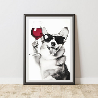 60 Second Makeover Limited Funny Corgi Drinking Wine Print A4 Size from B&Q