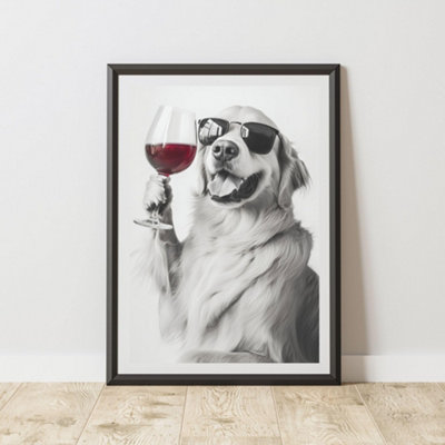 60 Second Makeover Limited Funny Golden Retriever Drinking Wine Print A3 Size from B&Q