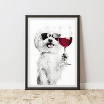 60 Second Makeover Limited Funny Maltese Drinking Wine Print A4 Size from B&Q