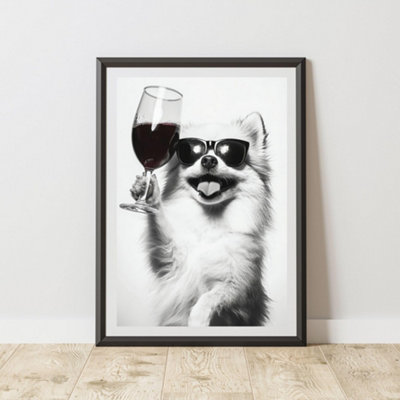 60 Second Makeover Limited Funny Pomeranian Drinking Wine Print A3 Size from B&Q