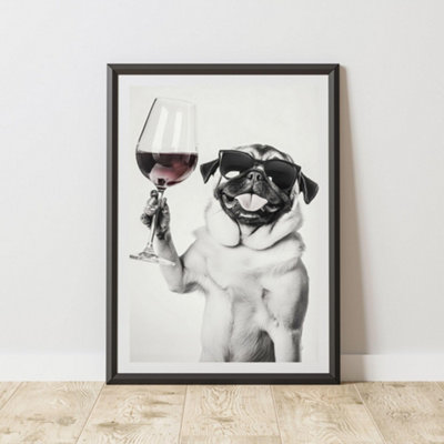 60 Second Makeover Limited Funny Pug Drinking Wine Print A4 Size from B&Q