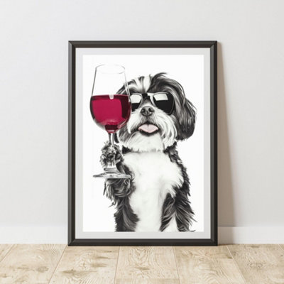 60 Second Makeover Limited Funny Shih Tzu Drinking Wine Print A4 Size from B&Q