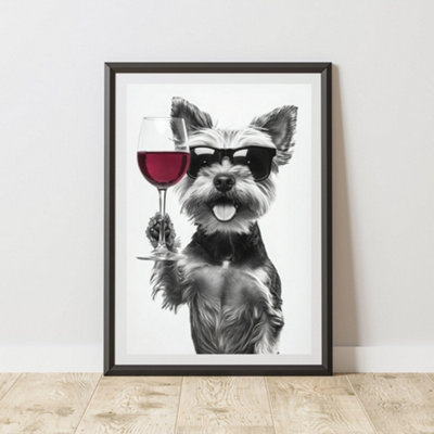 60 Second Makeover Limited Funny Yorkshire Terrier Drinking Wine Print A4 Size from B&Q
