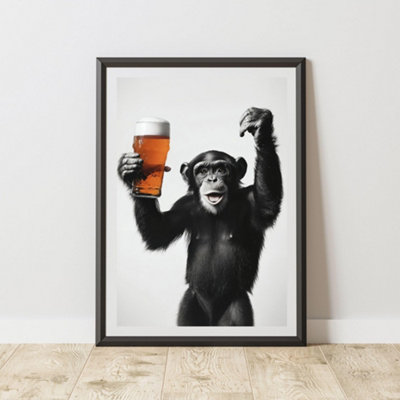 60 Second Makeover Limited Funny Monkey Drinking A Pint Print A3 Size from B&Q
