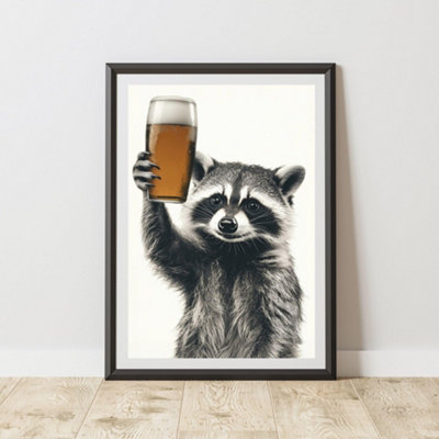 60 Second Makeover Limited Funny Raccoon Drinking A Pint Print A3 Size from B&Q